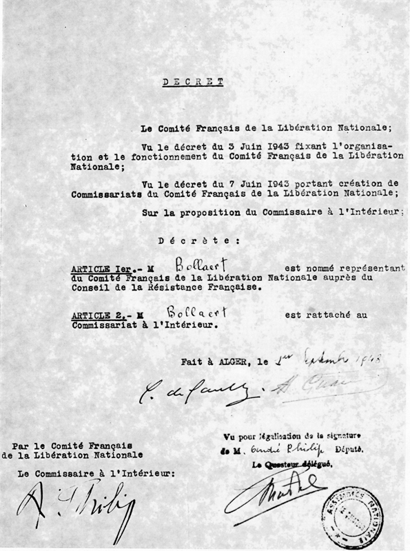 Emile Bollaert: décret du 1er septembre 1943 signé par De Gaulle et Giraud